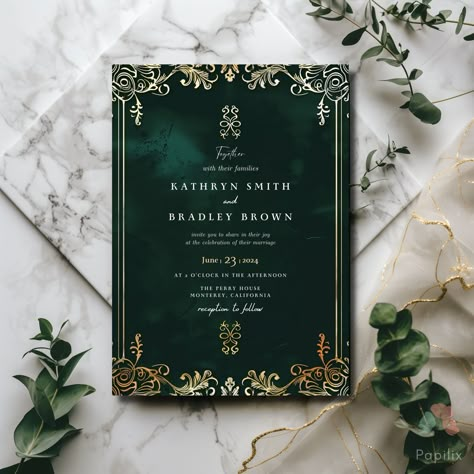 This invitation embodies the perfect blend of elegance and luxury with its striking emerald green background and ornate gold floral designs. Perfect for couples looking to add a touch of regal sophistication to their wedding, this customizable digital invitation will impress your guests from the moment they receive it. DEMO LINK: https://www.canva.com/design/DAGI_DfI0Yo/7Nwwa4NvqpR4xRTTPub9Cw/view?utm_content=DAGI_DfI0Yo&utm_campaign=designshare&utm_medium=link&utm_source=publishsharelink&mode=p Forest Green And Gold Wedding Invitations, Black Gold And Dark Green Wedding, Cricket Wedding Invitations, Emerald Green Black And Gold Wedding, Navy And Emerald Wedding, Black Emerald Gold Wedding, Olive Green And Gold Wedding, Dark Green Invitation, Dark Green Wedding Invitations