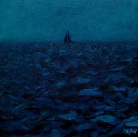 Original fine art painting by Martin Packford (United Kingdom). This one-of-a-kind acrylic on canvas painting measures 11.8W x 11.8 H inches. The seascape painting ships in a box directly from the artist's studio and is covered by the 14-day satisfaction guarantee from Saatchi Art, so you can buy with confidence. Deep Sea Aesthetic Dark, Night Aesthetic Art, Dark Blue Painting, Night Sailing, Boat Night, Ships In The Night, Dark Blue Art, Storm Waves, Night Ocean