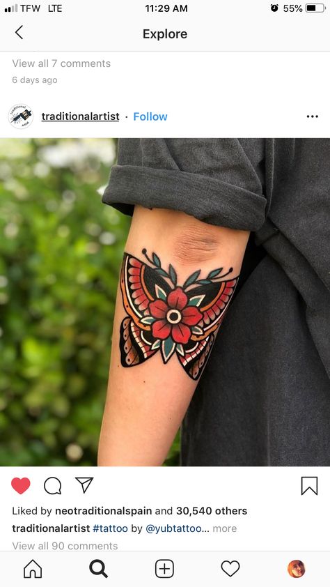 Traditional Thigh Tattoo, Traditional Butterfly Tattoo, Polynesian Tattoos Women, Traditional Tattoo Flowers, Traditional Style Tattoo, Polynesian Tattoos, Traditional Tattoo Sleeve, Elbow Tattoos, Moth Tattoo