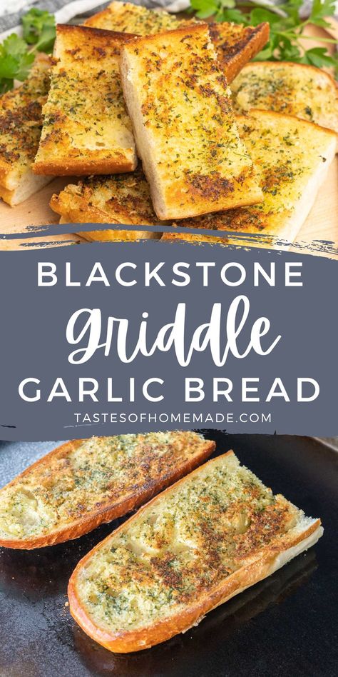 Blackstone griddle garlic bread is the perfect side dish for your next outdoor cookout.  Crispy on the outside, soft in the middle and full of flavour from the fresh garlic and parmesan cheese, this bread is quick, easy and delicious.  Whip up a side of this delicious bread the next time you need a quick side dish. Food To Cook On Blackstone Griddle, Black Stone Griddle Sides, Garlic Bread On Blackstone, Blackstone Garlic Bread, Summer Grilling Recipes Blackstone, Blackstone Bread, Blackstone Desert Ideas, Black Stone Side Dishes, Griddle Side Dishes