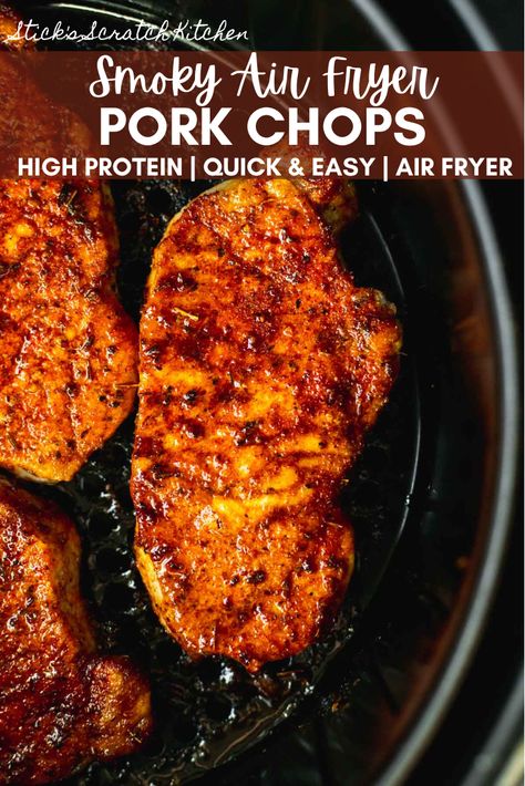 Smoky air fryer pork chops are juicy, tender, and smoky sweet. They're insanely easy to throw together and only take 10 minutes to cook in the air fryer. These pork chops are perfect for a quick and easy weeknight dinner. #airfryerporkchops #airfryerrecipes #airfryerrecipe #porkchops #porkchoprecipes #bonelessporkchops Air Fryer Recipes Pork Chops, Pork Chops Air Fryer, Air Fry Pork Chops, Pork Chop Sandwiches, Smoked Pork Chops, Air Fryer Pork, Air Fryer Pork Chops, Pork Recipes For Dinner, Course Ideas