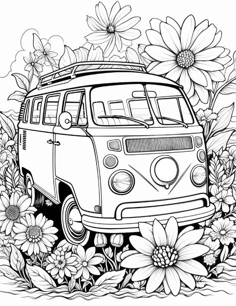 VW Micro Bus Camping Adventures Series 51-55 Coloring Pages 8x11 Hippie Coloring Pages, Hippie Vans, Free Adult Coloring Pages, Colouring Printables, Animal Coloring Books, Easy Coloring Pages, Poster Size Prints, Kids Coloring, Flower Coloring Pages