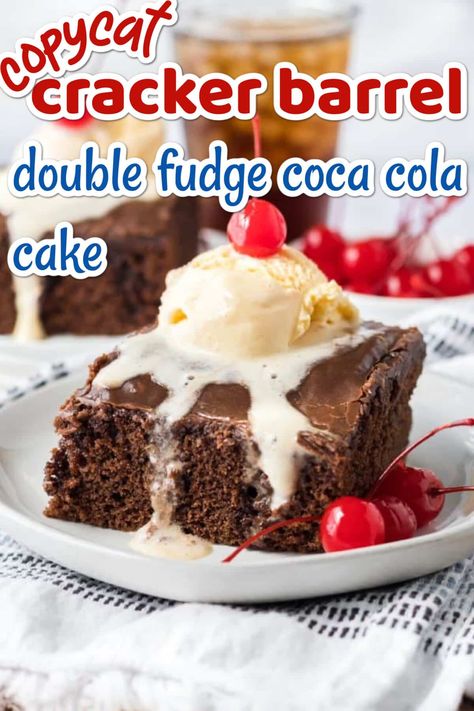 Copycat Cracker Barrel Double Fudge Coca Cola Cake - Life With The Crust Cut Off Coca Cola Fudge Recipe, Coca Cola Brownies, Cracker Barrel Coca Cola Cake, Cracker Barrel Chocolate Cake, Cola Cola Cake, Cracker Barrel Coke Cake Recipe, Double Chocolate Coca Cola Cake, Cracker Barrel Coca Cola Cake Recipe, Chocolate Coca Cola Cake