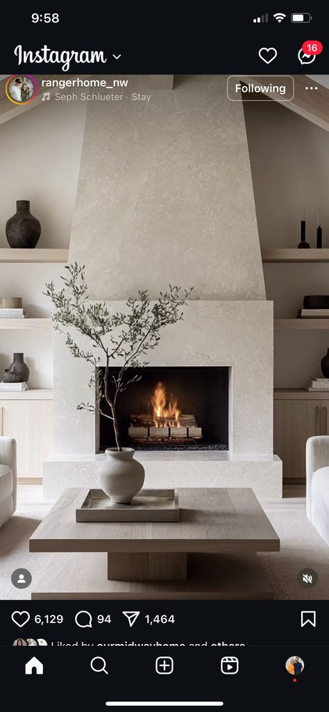 Concrete Finish Fireplace, Limewash Plaster Fireplace, Plaster Fireplace With Hearth, Venetian Plaster Fireplace Surround, Micro Cement Fireplace, Microcement Fireplace, Zellige Fireplace, Organic Fireplace, Fireplace Shelf Decor