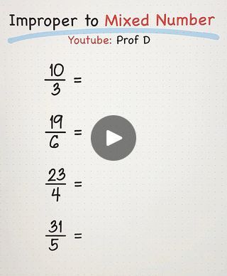 How to Convert Improper Fractions to Mixed Numbers! | How to Convert Improper Fractions to Mixed Numbers! | By Prof DFacebook Mixed Fractions To Improper Fractions, Improper Fractions To Mixed Numbers, Mixed Fractions, Converting Fractions, Improper Fractions, Mixed Numbers, Study Flashcards, Math Problems, Math Tricks