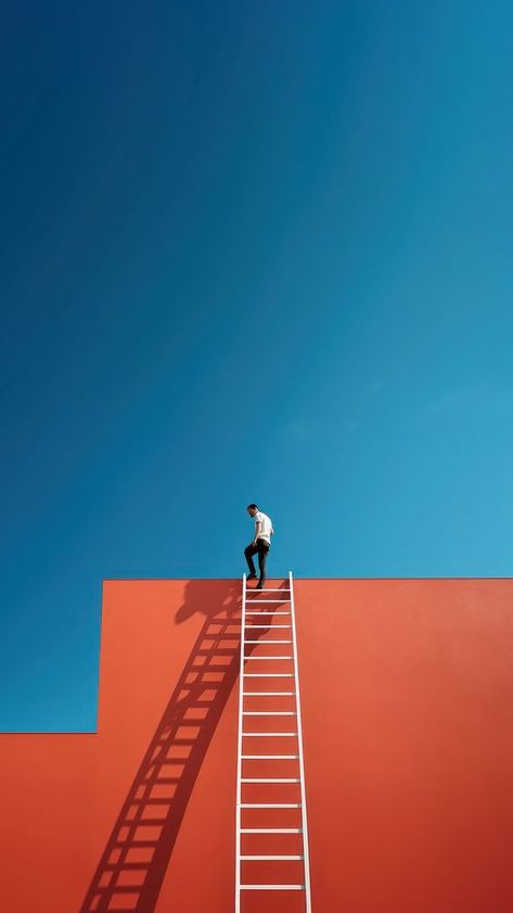 Photography of a man climbing a ladder to the roof.   | premium image by rawpixel.com / Chalr Ladder Illustration, Walking Stairs, Stairs Wallpaper, Minimalist Iphone Wallpaper, Climbing Stairs, Minimalist Iphone, Nice Pic, A Ladder, Awesome Designs