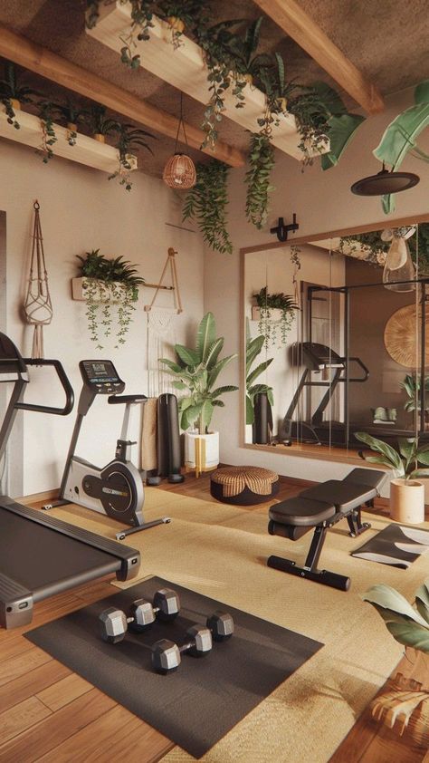 Gym And Tv Room, Home Basement Pilates Studio, Craft And Workout Room Ideas, Yoga And Gym Room, Yoga And Workout Room, Gym Corner In Garage, Home Yoga Studio Aesthetic, At Home Reformer Studio, Boho Gym Room