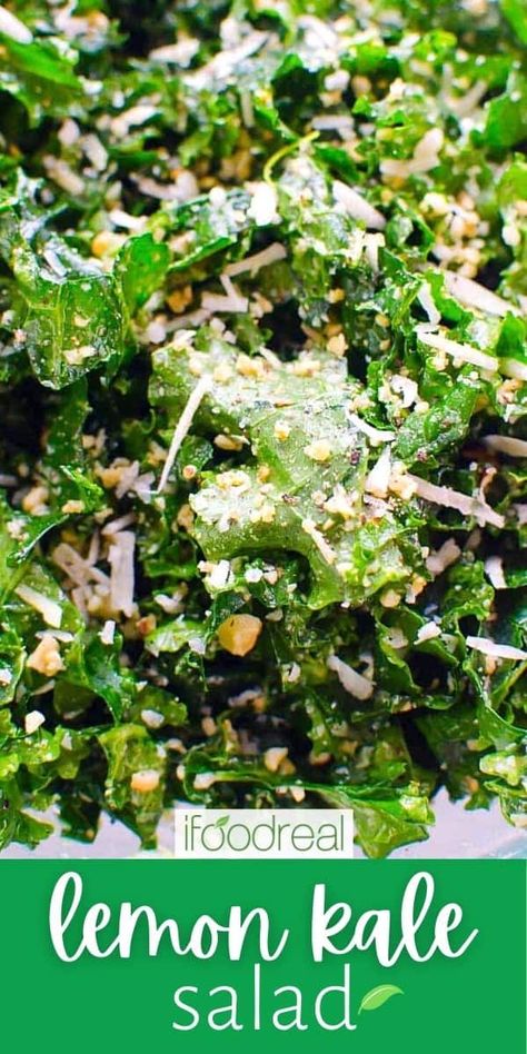 Flavorful, easy and no massaging Lemon Kale Salad with toasted nuts and fresh Parmesan cheese is tossed in a lemon and garlic dressing and ready in only 15 minutes. This healthy kale parmesan salad pairs well with any dinner pasta dish, grilled protein, or holiday main. Or use it for a classic soup and salad lunch combo! However you pair it, this simple, fresh kale salad with lemon dressing will be your new favorite go-to side dish! Kale Salad With Lemon Dressing, Kale Recipes Healthy, Kale Salad Dressing, Lemon Kale Salad, Lemon Kale, Easy Baked Chicken Breast, Parmesan Salad, Garlic Dressing, Lemon Salad