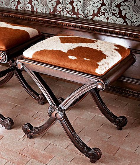 Bedroom Masculine, Animal Print Furniture, Cowhide Upholstery, Cowhide Decor, Ranch Furniture, Cowhide Furniture, French Sofa, Western Rustic, Western Furniture