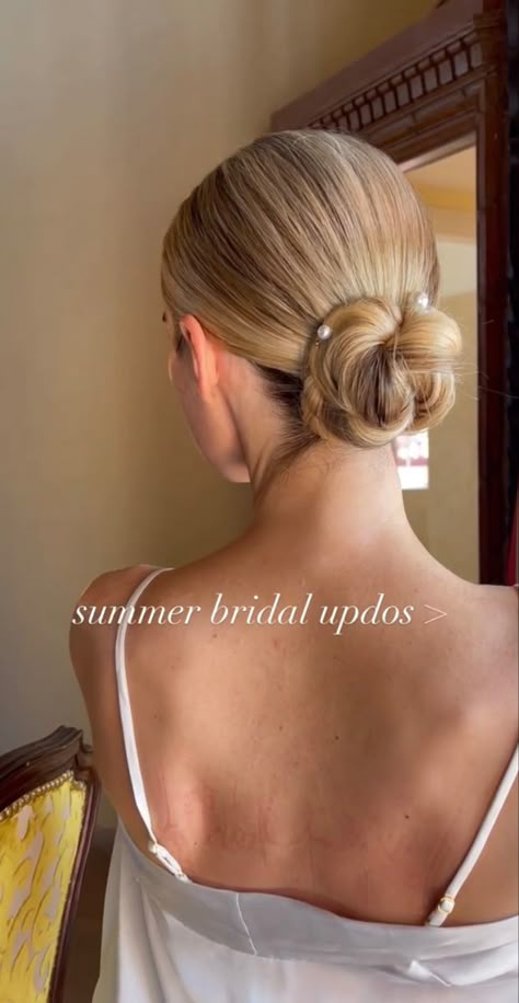 Modern Bridal Hair Low Buns, Sleek Hair Wedding Brides, Bridal Hair Updo Sleek Classy, Elegant Slicked Back Bun, Ribbon Wedding Hairstyles, Blonde Bun Wedding, Prom Hairstyles Slick Back Bun, Slicked Bridal Hair, Bride Bun Hair