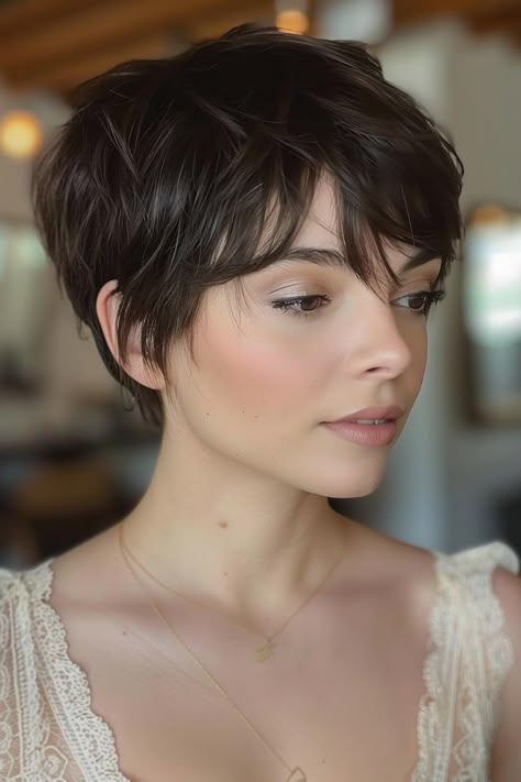 The Best Pixie Haircut Ideas of 2024 Shaggy Straight Short Hair, Pixie Long Fringe, Adorable Pixie Haircut, Short Pixie Haircuts Brunette, Center Part Pixie Haircut, Celebrity Pixie Haircut, Tousled Pixie Haircut, Shixie Haircut Girl, Pixie 2024 Trends