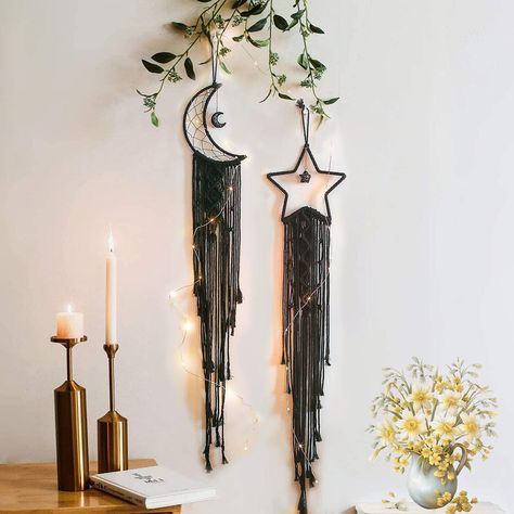 PRICES MAY VARY. 【Size and Package】Diameter :19cm/ 7inch, Total length: 102cm/40inch (from top to the ends of longest fringe),1 x Black moon dream catcher + 1 x Black star dream catcher +2 x 20 LED light string.(with battery) 【Material】Moom dream catcher wall hanging is made of 100% Pure cotton cord, Sturdy, durable and premium quality,metal star and moon circle,hollow-out moon and star pandant. 【Boho decor】This beautiful moon hanging macrame dream catchers will give the room a bohemian flair. h Dream Catcher For Kids, Dorm Room Doors, Moon Dream Catcher, Room Door Decorations, Dream Catcher Decor, Black Dream Catcher, Teen Girl Room Decor, Apartment Decoration, Bohemian Wall Hanging