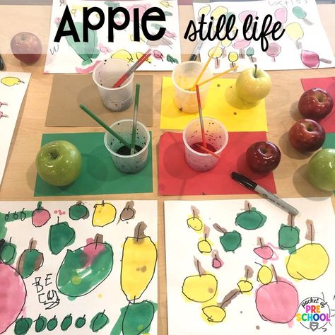 Apple still life art plus 18 more fall process art activities for preschool, pre-k, and kindergarten students. Apple Centers, Apple Theme Activities, Preschool Apple Theme, September Preschool, Apple Kindergarten, Pocket Of Preschool, Apple Lessons, Apple Math, September Themes