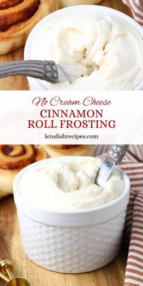 Quick Cinnamon Roll Frosting with No Cream Cheese -- Looking for a rich, creamy frosting for your cinnamon rolls that doesn’t have cream cheese? This simple recipe is the perfect solution! Made with just a few basic ingredients—softened butter, vanilla, powdered sugar, and heavy cream—it delivers a smooth, fluffy texture that spreads beautifully over warm rolls. Cinnamon Rolls Frosting No Cream Cheese, Fluffy Cinnamon Roll Frosting, Cinnamon Roll Frosting Without Cream Cheese, Non Cream Cheese Cinnamon Roll Icing, Vanilla Glaze For Cinnamon Rolls, No Cream Cheese Cinnamon Roll Frosting, Cinnamon Rolls Icing No Cream Cheese, Frosting For Cinnamon Rolls Easy, Cinnamon Roll Frosting No Cream Cheese