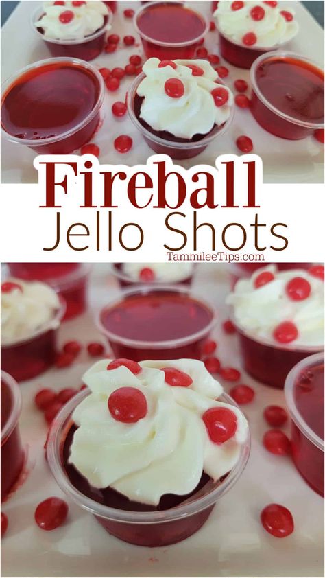 Easy Fireball Jello Shots are the perfect combination of spicy cinnamon flavor and cherry jello! So easy to make and everyone loves them!The perfect Christmas Jello Shot! Fireball Jello Shots Recipe, Fireball Drinks Recipes, Fireball Jello Shots, Cherry Jello Shots, Candy Corn Jello Shots, Jello Shots Recipe, Christmas Jello, Christmas Jello Shots, Red Hots Candy