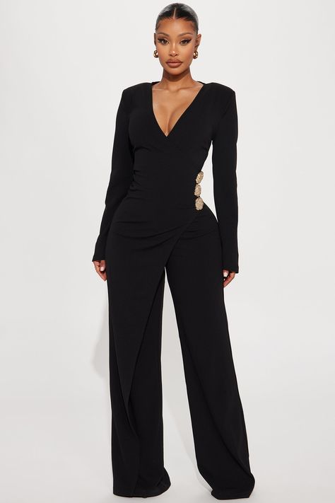 Available In Black. Jumpsuit Long Sleeve Surplice Button Detail Drape Detail Wide Leg Hidden Back Zipper Stretch Self: 95% Polyester 5% Spandex Imported | Jennifer Jumpsuit in Black size 2X by Fashion Nova Semi Formal Outfits For Women, Dress Pants Outfits, Jumpsuit Long Sleeve, Business Attire Women, Jumpsuit Long, Jumpsuit Outfit, Pantsuits For Women, Graduation Outfit, Long Jumpsuits