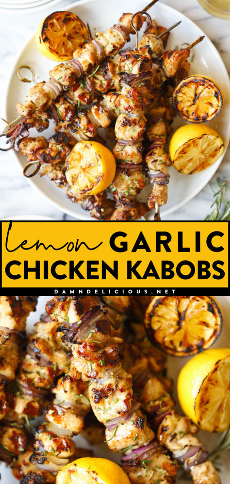 Want more summer grilling ideas? This simple chicken recipe on the grill will become your new favorite summer dinner! These chicken skewers feature a lemon chicken marinade. Tender and juicy, these grilled chicken kabobs are so good! Garlic Chicken Kabobs, Chicken Skewers Marinade, Lemon Garlic Marinade, Grilled Dinner Recipes, Grilled Chicken Kabobs, Grilled Recipes, Garlic Marinade, Grilled Chicken Skewers, Easy Grilling Recipes