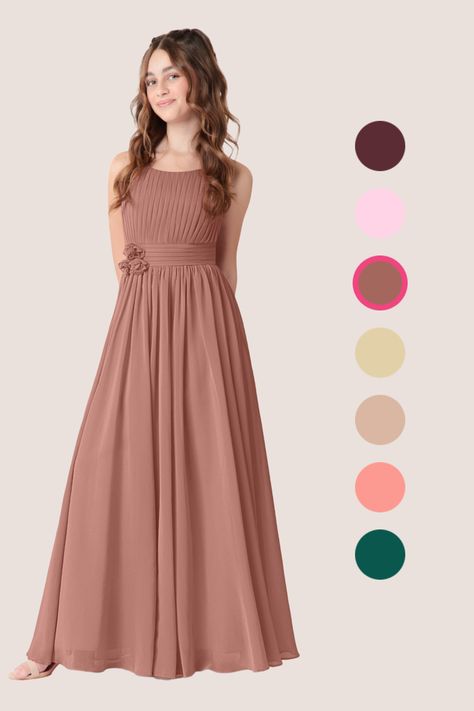 Fun and flirty, this comfortable chiffon bridesmaid dress is appropriate for any wedding from the beach to the church. Your bridal party will love this fashionable floor-length A-line dress with a scoop neckline. The dress boasts a hand worked flower detail. This unique shift is certainly bridesmaid-worthy. Jr Bridesmaid Dresses, Junior Girl Dresses, Junior Bridesmaid Dress, Junior Bridesmaid Dresses, Flower Detail, Chiffon Bridesmaid Dress, Junior Bridesmaid, Chiffon Bridesmaid, Trendy Dresses