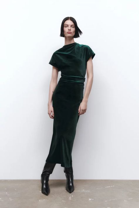 A Green Velvet Dress: Zara Draped Velvet Dress Velvet Green Dress, Velvet Pencil Dress, Sleeved Velvet Dress, Velvet Party Dress, Velvet Dress Long, Blue Velvet Dress, Green Velvet Dress, Velvet Maxi Dress, Velvet Midi Dress