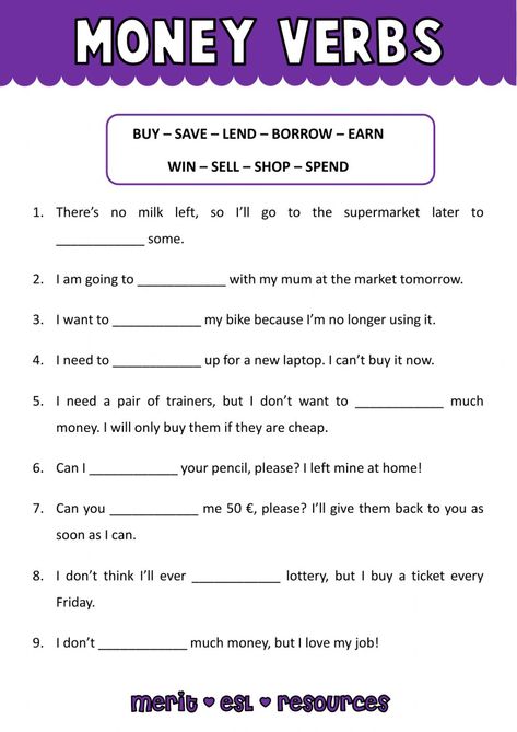 Vocabulary - Money Verbs worksheet Vocabulary Worksheets Elementary, Money Vocabulary, Esl Advanced, English Vocabulary Exercises, Middle School Grammar Worksheets, Money Monday, Esl Materials, Spelling Homework, Jumbled Words