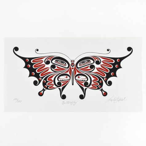 "This is a Northwest Coast Indigenous limited edition silkscreen print entitled \"Butterfly\" by Kwakwaka'wakw artist Karla West, available in both red and yellow colourways. The butterfly teaches us not to be afraid of change and transformation. Because of its ability to change so thoroughly - from caterpillar, to chrysalis, to butterfly - it represents grace and transition. This print measures 12\" x 22\", and is from an edition of 200 produced in 2018. Karla was inspired by and involved with Indigenous Butterfly, Bee Artwork, Pacific Northwest Art, Haida Art, Native American Symbols, Red Ink Tattoos, American Symbols, Eagle Print, Silkscreen Print