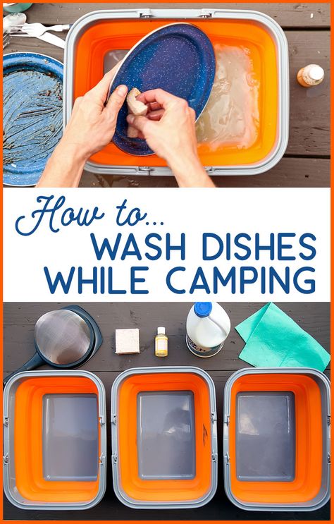 Learn how to do dishes while camping, including the equipment needed to set up a camping dishwashing station. Camping Hacks With Kids, Camping Bedarf, Camping Dishes, Camping Desserts, Camping Snacks, Camping Accesorios, Camping 101, Camping Diy, Camp Life