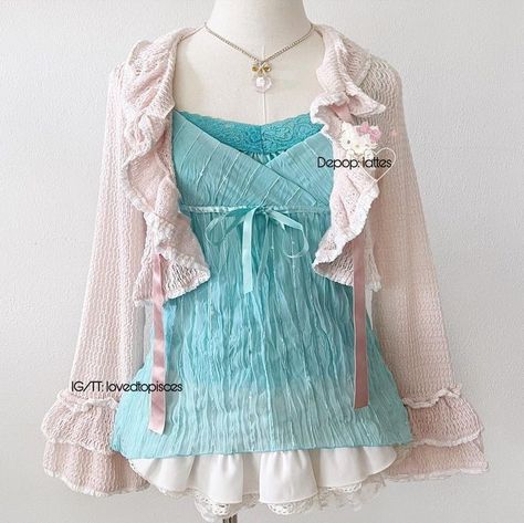 Shoujo Girl Outfit, Shoujo Outfits, Shoujo Aesthetic, Himekaji Outfits, Shoujo Girl, Babydoll Cami, Lace Cami Top, Lace Babydoll, Aqua Color