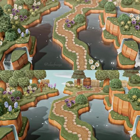 Garden Area Acnh, Garden Paths Acnh, Acnh Garden Paths Designs, Acnh Cliff Bridge, Acnh Spiral Pond, Animal Crossing Transition Areas, Acnh Secret Garden, Acnh Botanical Gardens, Acnh Path Ideas