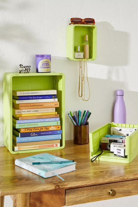 Colour-pop crate in a collapsable design, the perfect stackable storage solution for your space. Crafted from lightweight plastic with cut-out handles for easy handling. Stack one on top of the other to create effortless tiered shelves, fit one to the wall to create a feature wall shelf or use alone to store skincare, desk accessories or art supplies. Only at Urban Outfitters. Skincare Desk, Folding Storage Crate, Record Decor, Tiered Shelves, Storage Crate, Study Inspo, Green Fits, Colour Pop, Crate Storage