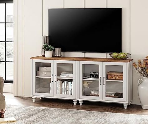 WAMPAT Farmhouse TV Stand for 75 inch TV with 4 Glass Doors, Wood LED TV Stand with 4 Storage Tv Console Styling, Tv Stand Makeover, 75 Inch Tv, High Tv Stand, Kitchen Buffet Cabinet, White Entertainment Center, Large Tv Stands, Farmhouse Tv, Glass Cabinets