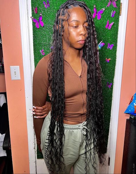 Boho Knotless Braids Thigh Length, Large Knotless Braids Hairstyles Boho, Long Bohemian Knotless Braids, Large Boho Braids, Large Boho Knotless Braids, Large Boho Knotless, Black Girls Hairstyles Weave, Boho Knotless, Big Box Braids Hairstyles