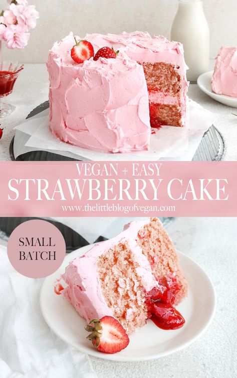 Vegan Strawberry Icing, Vegan Vanilla Strawberry Cake, Low Calorie Strawberry Cake, Vegan Strawberries And Cream Cake, Vegan Cake Ideas, Easy Vegan Birthday Cake, Eggless Strawberry Cake, Dairy Free Strawberry Cake, Vegan Strawberry Dessert