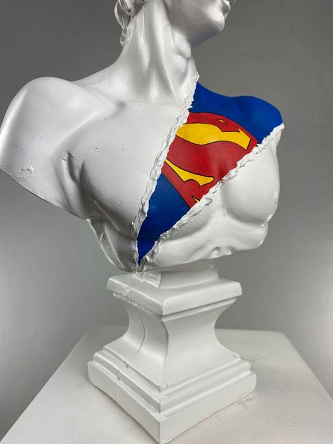 David 'Superman' Pop Art Sculpture, Modern Home Decor, Large Sculpture  In David 'Superman' all ornaments are hand-painted and one of a kind. All of these handmade Greek and Roman home decors are designed by Hedgehog Art by using some polyester, paint, and lots of imagination. Hedgehog Art's Pop Art Sculptures are ideal for modern home decoration. You can find just the right color and size for your home decoration among the many sculpture decors in this collection. Greek and Roman sculptures, co 3d Pop Art Sculpture, Pop Art Display, Diy Statue, Pop Art Furniture, 2024 Greetings, Pop Art Interior Design, Pop Sculpture, Pop Art Statue, Strange Decor