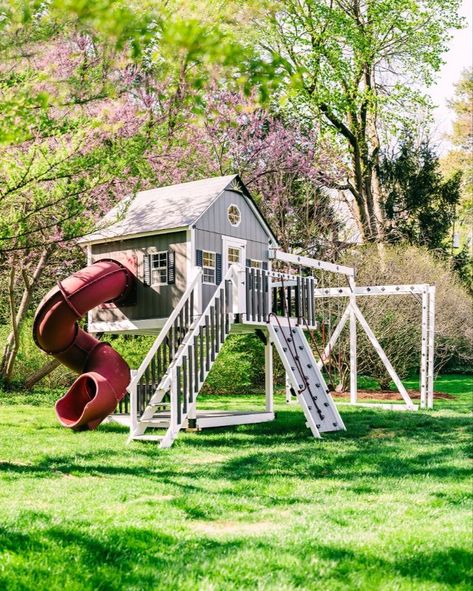 The perfect swing set for your kids to play outside and enjoy the beautiful outdoors! At King Swings we design custom made, sturdy playground sets that can fit any backyard. This playhouse is complete with a rock climbing wall, spiral slide, monkey bar set, swings, and much more! Check out our website to get your custom playhouse today! Spiral Slide, Custom Playhouse, Modern Playhouse, Monkey Bar, Play Area Backyard, Playground Set, Rock Climbing Wall, Monkey Bars, Swing Set