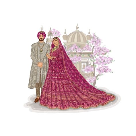 Indian Wedding Digital Illustration Indian Wedding Illustration Art, Sikh Couple Illustration, Indian Wedding Illustration, Curtain Illustration, Bridal Mendhi, Mehandi Ideas, Dress Illustration Design, Indian Reception Outfit, Wedding Illustration Card