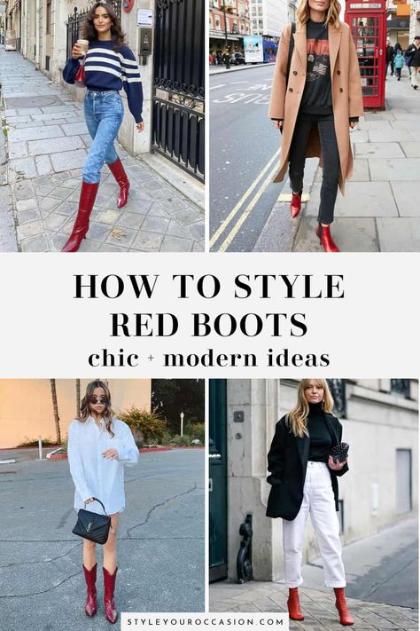 Looking for chic and modern red boots outfit ideas for women? This list has it all; red cowboy boots outfit ideas, red knee high boots outfit ideas, red ankle boots, and more. You'll get stylish inspiration that is on trend for 2023 whether you are looking for an outfit for going out to a concert or club, a western aesthetic, a fall or winter look, or a summer fit, and trust us - red boots look so good with jeans or a dress! Red Boots Street Style, Red Boot Outfit Fall, Red Velvet Boots Outfit, Outfits With Red Cowboy Boots For Women, Red Suede Boots Outfit, Red Chelsea Boots Outfit, Red Booties Outfit Winter, Burgundy Cowboy Boots Outfit, Red Boots Outfit Western