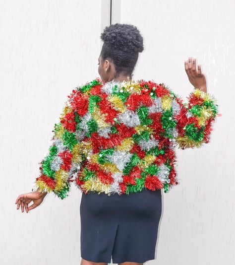 DIY Tinsel Jacket — The Ravel Out Diy Tinsel Sweater, Tinsel Outfit Diy, Diy Tinsel Jacket, Diy Tinsel, Tinsel Sweater, Tinsel Jacket, Funny Christmas Costumes, Diy Christmas Sweater, Jacket Diy