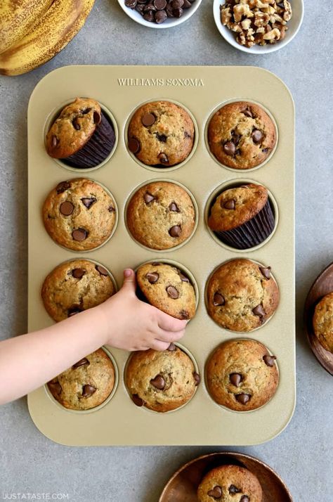 If you're a fan of moist, tender banana bread and crave the convenience of grab-and-go treats, then you're going to love these Greek Yogurt Banana Muffins. Enjoy them plain or add in your favorite mix-ins, such as chopped walnuts, pecans, chocolate chips and fresh berries. Yogurt Banana Muffins, Greek Yogurt Banana Muffins, Banana Bread Muffins Healthy, Banana Yogurt Muffins, Berry Banana Bread, Greek Yogurt Banana Bread, Yogurt Banana Bread, Banana Protein Muffins, Banana Walnut Muffins