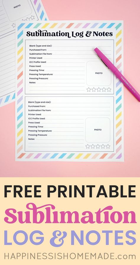 Keep track of your sublimation craft project information with these FREE Printable Sublimation Log & Notes sheets! Sublimation Prints Free Printable, Free Sublimation Downloads, Sublimation Tumbler Ideas, Quick Gift Ideas, Epson Ecotank Printer, Heat Press Projects, Business Binders, Binder Printables, Happiness Is Homemade