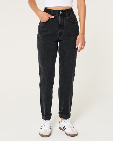 Women's Ultra High-Rise Washed Black Mom Jeans | Women's Bottoms | HollisterCo.com Black Mom Jeans, Women's Bottoms, Classic Jeans, Jeans Women, Designer Jeans, Stretch Denim, Hollister, Mom Jeans, Womens Bottoms