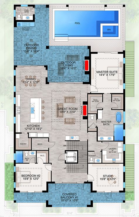 This 3-story Coastal Contemporary house plan gives you 4619 square feet of heated living space all accessible by elevator. Inside, there are 4 bedrooms, 4 bathrooms, 2 half baths and a 2-car front entry oversized garage and storage area.   The main living floor includes a great room, island kitchen with walk-in pantry, dining room, laundry room and a study.   The master bedroom suite features dual sinks, freestanding tub, shower and 2 walk-in closets.   The outdoor House Plans With Elevators, 4 Bedroom Beach House Plans, Coastal House Design, 3 Story House Plans, Coastal Floor Plans, Pantry Dining Room, Multigenerational House Plans, Beach House Flooring, Beach House Floor Plans