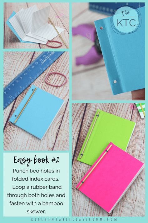 Learn how to make a book with these three easy book binding ideas perfect for kids! Grab some index cards and rubber bands and get busy! Index Card Book Diy, Books Making Ideas, Paper Binding Ideas, Index Journal Ideas, How To Make My Own Notebook, Diy Booklet Binding, Diy Coloring Book Binding, Easy Book Binding Methods, Diy Books For Kids