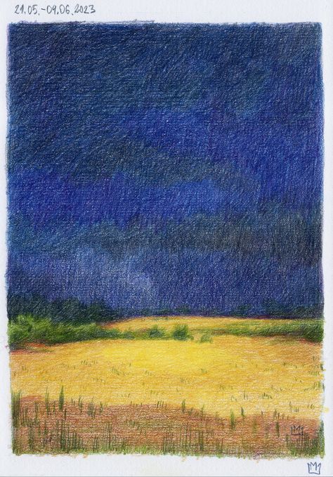 Artist: marjaz Really love stormy weather. coloured pencils on grainy paper, landscape, storm Colored Pencil Night Sky, Colour Pencil Art Landscapes, Colour Pencil Drawings, Colored Pencil Art Projects, Paper Landscape, Color Pencil Illustration, Pencil Shading, Art Pencils, Stormy Weather