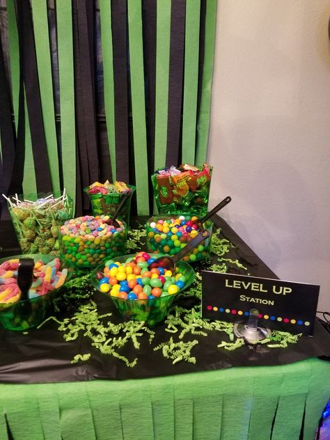 Treat Table Gaming Party Gamer Party Xbox Party Level Up Party Level One Birthday Party, Gaming Decorations Party, Gamer Dessert Table, Gaming Party Centerpiece, Level Up Birthday Party Decorations, Gaming Bday Party, Level Up Birthday Party Ideas, Gamer Party Games, Gamer Birthday Party Decorations