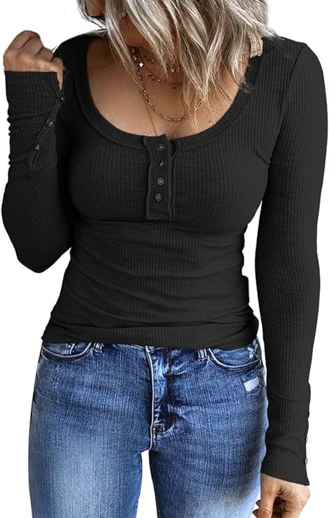 Kissfix Womens Cute Cottagecore Clothing Business Casual Tops Teen Girls Long Sleeve Shirts Work Outfits Button Down Basic Ribbed Casual Blouses B Apricot at Amazon Women’s Clothing store Henley Shirt Women, Top In Pizzo, Pola Lengan, Womens Henley, Mini Robes, Casual Long Sleeve Shirts, Henley Top, Womens Long Sleeve Shirts, Knitted Tshirt