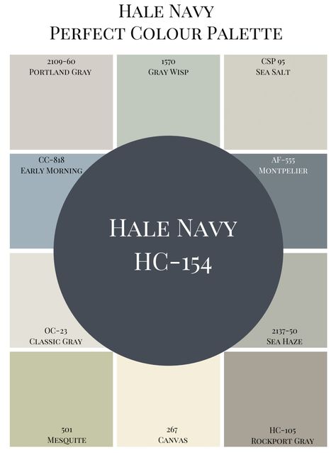 Greens That Go With Hale Navy, Navy House Exterior Color Scheme, Hale Navy Color Palette, Hale Navy Coordinating Colors, Navy Paint Color, Benjamin Moore Green, Navy Furniture, Painting Steps, Cottagecore Design