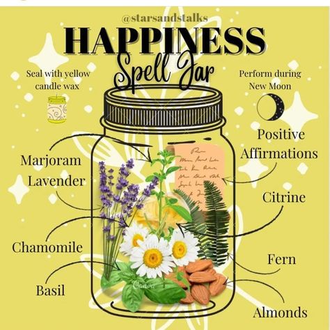 Happiness Spell Jar, Happiness Spell, Witches Jar, Wicca Recipes, Witchcraft Spells For Beginners, Happy Jar, Spells For Beginners, Jar Spells, Witch Bottles