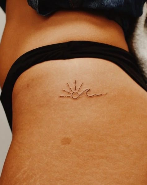 Ocean And Sun Tattoo Small, Hip Wave Tattoos Women, Beach Sun Tattoo Ideas, Fine Line Surfboard Tattoo, Sunset And Beach Tattoo, Small Tattoo Beach, Tattoos To Get At The Beach, Small Summer Tattoo Ideas, Fine Line Waves Tattoo