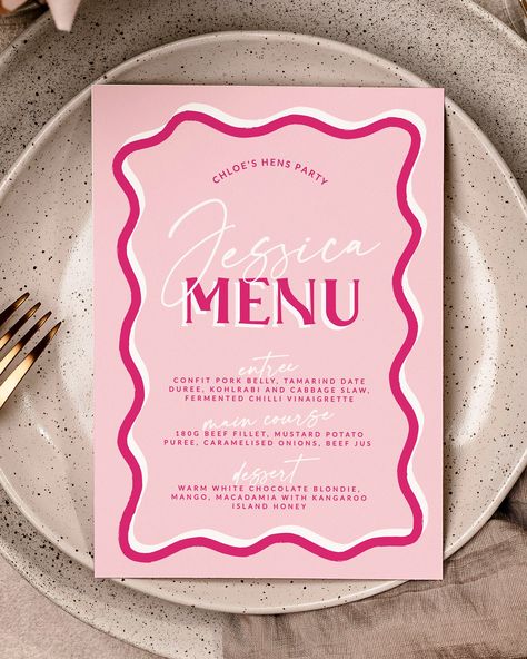 Birthday Dinner Invitation Pink, Pink Menu Cards, Birthday Invite Pink, Hens Invite Design, Bridal Shower Name Cards, Menu Design Birthday, Menu Design Dinner Party, Pink Hen Party, Pink Menu Design