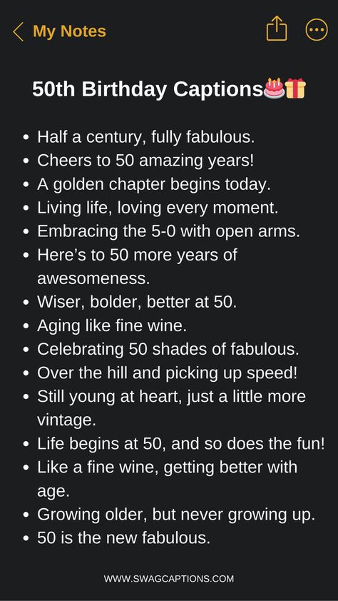 Make your 50th birthday post truly memorable with these heartfelt, funny, and inspiring caption ideas. From witty jokes about being 'fif-tree' to reflective quotes on the wisdom of midlife, this collection has the perfect 50th birthday caption to capture your personality and outlook. 50th Birthday Funny Quotes, Funny 50th Birthday Quotes, 50th Birthday Surprise, Birthday Surprise For Mom, Cute Birthday Messages, Dope Captions For Instagram, Surprise 50th Birthday Party, 50th Birthday Wishes, Birthday Wishes For Mom